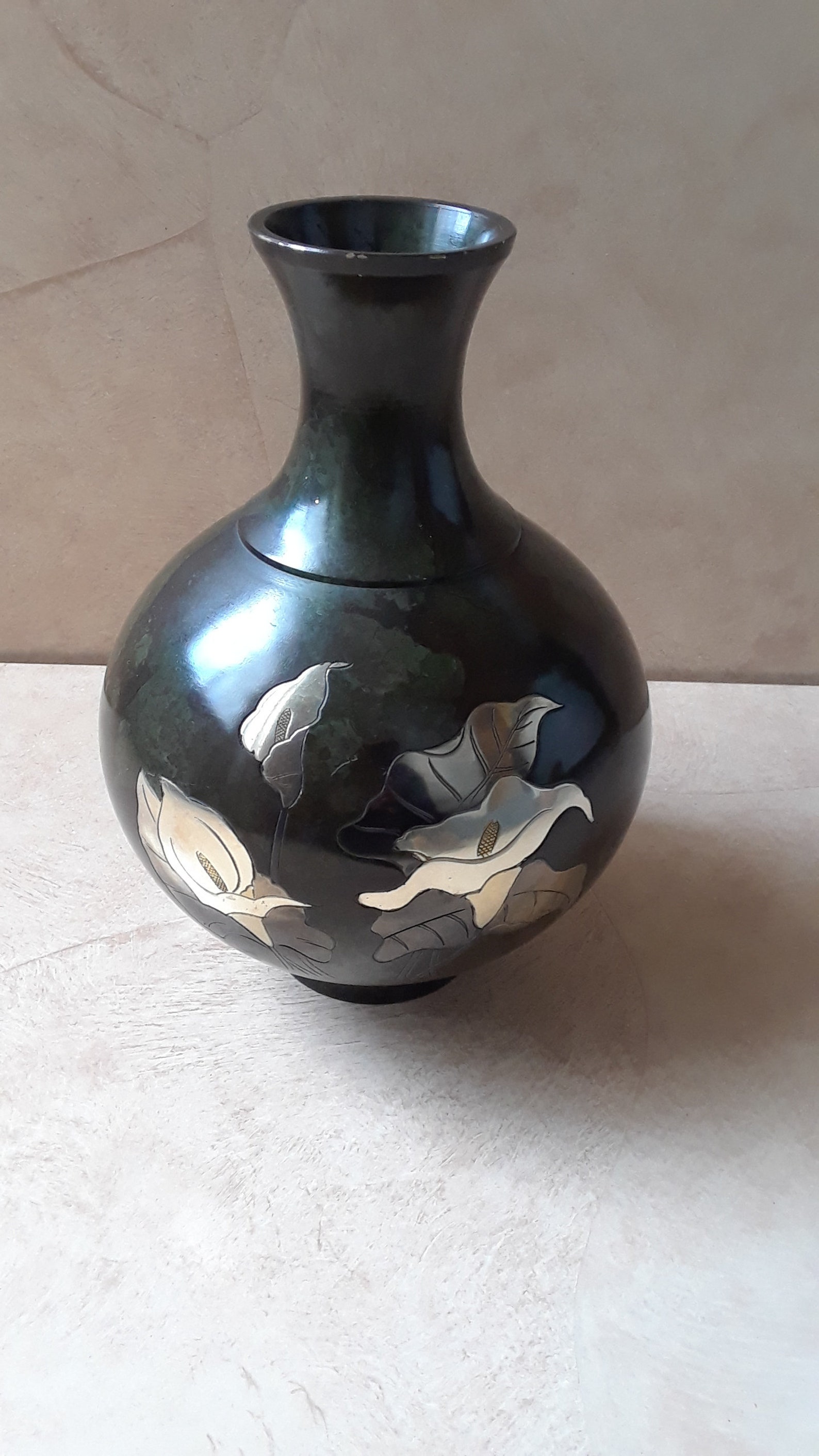 Toyo Vase Made in Japan, Vintage Mixed Metal Vase With Foral Carvings