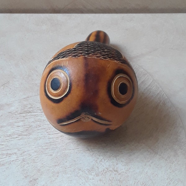 Bertha Medina Hand Carved Gourd Art, Signed Fish Gourd Maraca, Fish Gourd Rattle, Ethnic Art, Folk Art, Hand Carved Musical Instrument