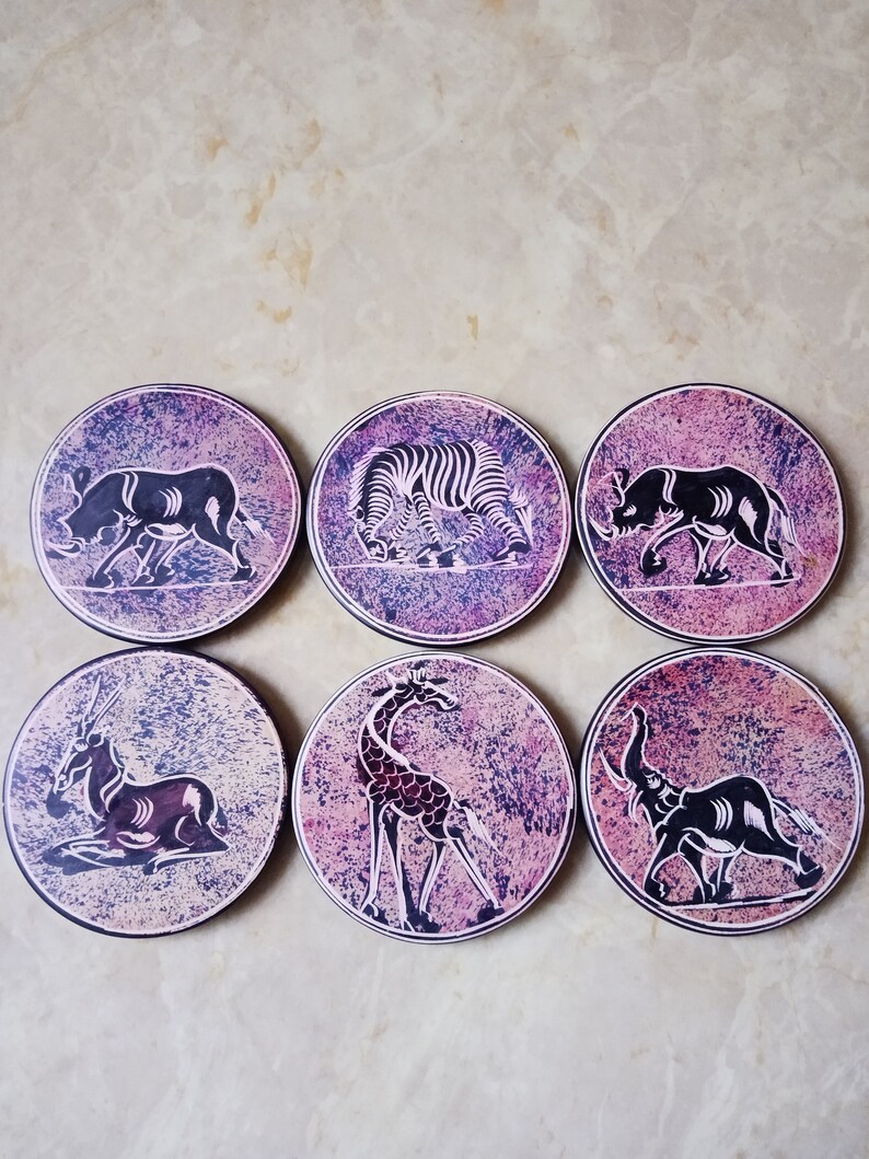 7 Piece Stone Coaster Set African Table Decor Hand Carved Stone African Safari Animal Coasters with Holder MultiColor Safari Animal Decor