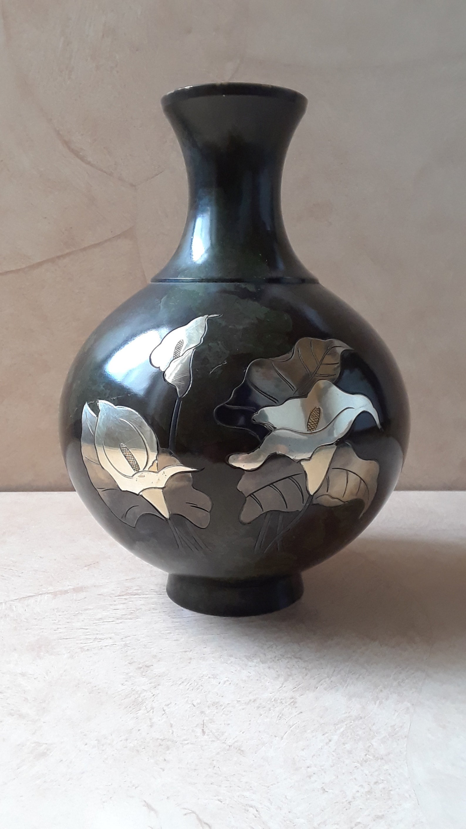 Toyo Vase Made in Japan, Vintage Mixed Metal Vase With Foral Carvings