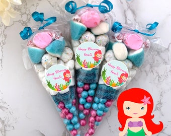 Set of 5 Personalized Mermaid Theme Candy Cones, Custom Label, Kids Birthday Party Favors, Pink and Blue Sweets, Summer Bash, Thank You Gift