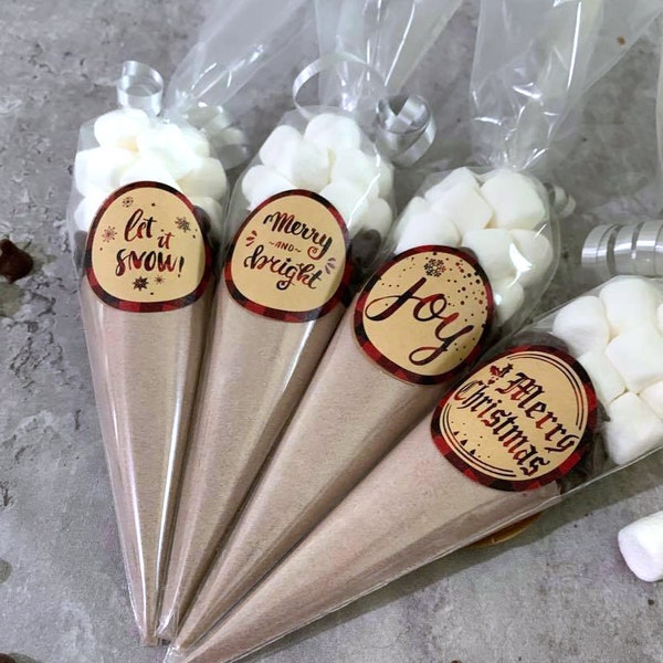 Christmas Farmhouse Hot Cocoa Set, Marshmallow Cones, Custom Red Plaid Label, Chocolate Holiday Bar, Gluten Free, Let Its Snow, Winter Night
