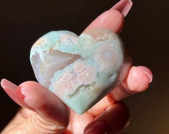 Green Flower Agate Heart, Flower Agate Heart, Cherry Blossom Agate, Sakura Agate, Crystals for Healing, Crystals Gift,