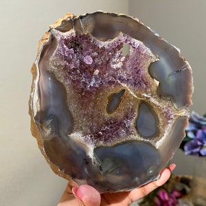 Blue Agate Slab With Amethyst Geode, Amethyst Slab, Blue Agate, Crystal Slabs, Home Decoration, Crystals, Amethyst Slab, Crystals Gift