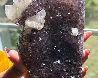 Amethyst with Calcite Mineral Speicmen, Ameyhyst on Metal stand,
