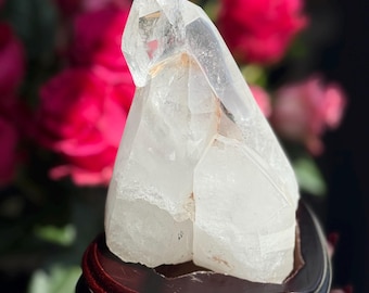 Natural Twin Quartz Crystal on Wooden Stand, Three Point Quartz,  Healing Energy Decor