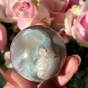 Green Flower Agate, Green Flower Agate Sphere, Sakura Agate, Cherry Blossom Agate, Heart Crystals, Crystal Gifts, Metaphysical Gifts