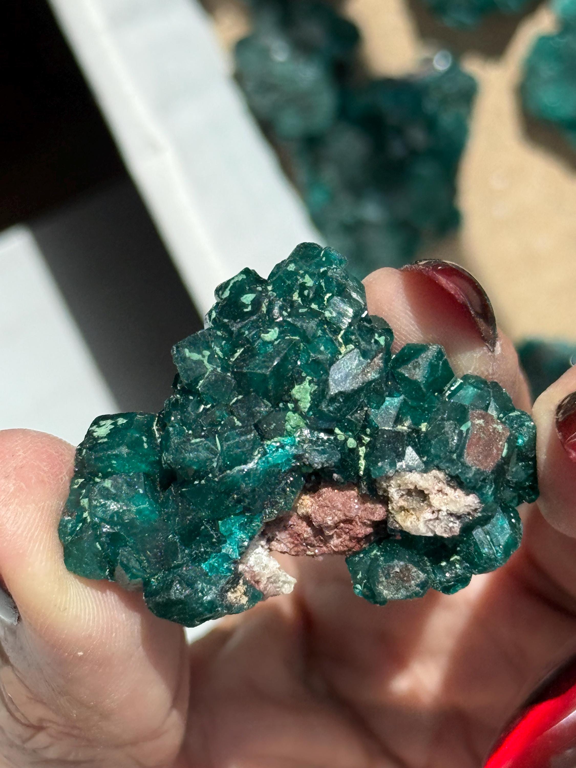マラカイト入り原石ダイオプテース：コンゴ産鉱物標本、1.5インチ