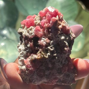 May include: A raw mineral specimen featuring clusters of vibrant, deep pink crystalline structures embedded within a textured, light gray and beige rocky matrix. The crystalline formations exhibit sharp, multifaceted edges and a glossy, reflective surface.