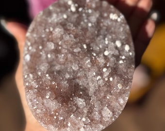 Ametista rosa com calcita, base de ametista natural lapidada, presente de cristal.