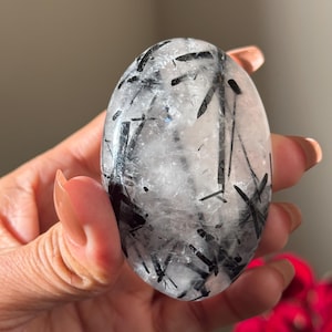 Black Tourmaline in Quartz Palm Stone: Crystal Gift, 2 inch