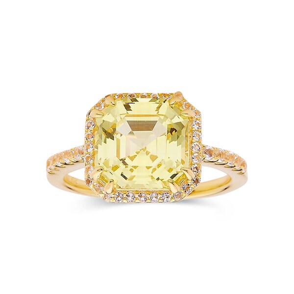 Canary Yellow Diamond Ring Yellow Sapphire Asscher Cut Halo Engagement Ring 18K Yellow Gold Plated Silver Ring Mothers Day Gift For Her