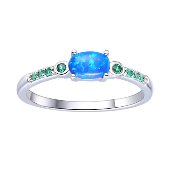 Lab Grown Blue Opal Ring Rhodium Plated 925 Sterling Silver Libra Birthday Gift for Women Oval Blue Opal Dainty Ring Gift for Mom Grandma