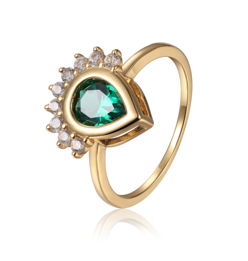 Created Emerald Tear Drop Ring with White Sapphire Sides Mother/'s Day Gift for Her Yellow Gold Plated 925 Sterling Silver Ring