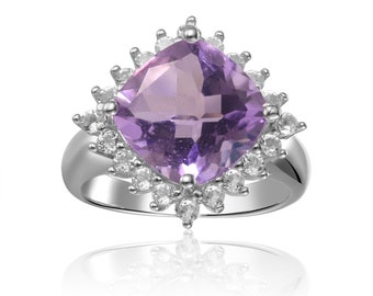 Pink Amethyst Ring Sterling Silver February Birthstone Ring Cushion Cut Amethyst Ring Unique Amethyst Cocktail Ring for Her Mothers Day Gift