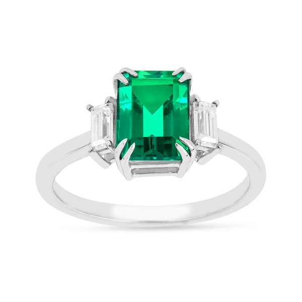 Colombian Created Emerald Three Stone Ring Emerald Promise Ring For Women Octagon May Birthstone Ring Green Gemstone Ring Gift For Her