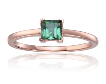 Genuine Green Tourmaline Solitaire Ring Rose Gold Plated Sterling Silver Square Shaped Ring October Birthstone Mothers Day Gift for Her