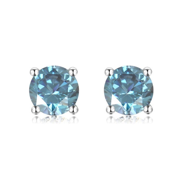 Boucles d'oreilles solitaires Moissanite bleues Boucles d'oreilles minimalistes push back Boucles d'oreilles certifiées Moissanite à porter au quotidien, cadeau fête des mères pour maman