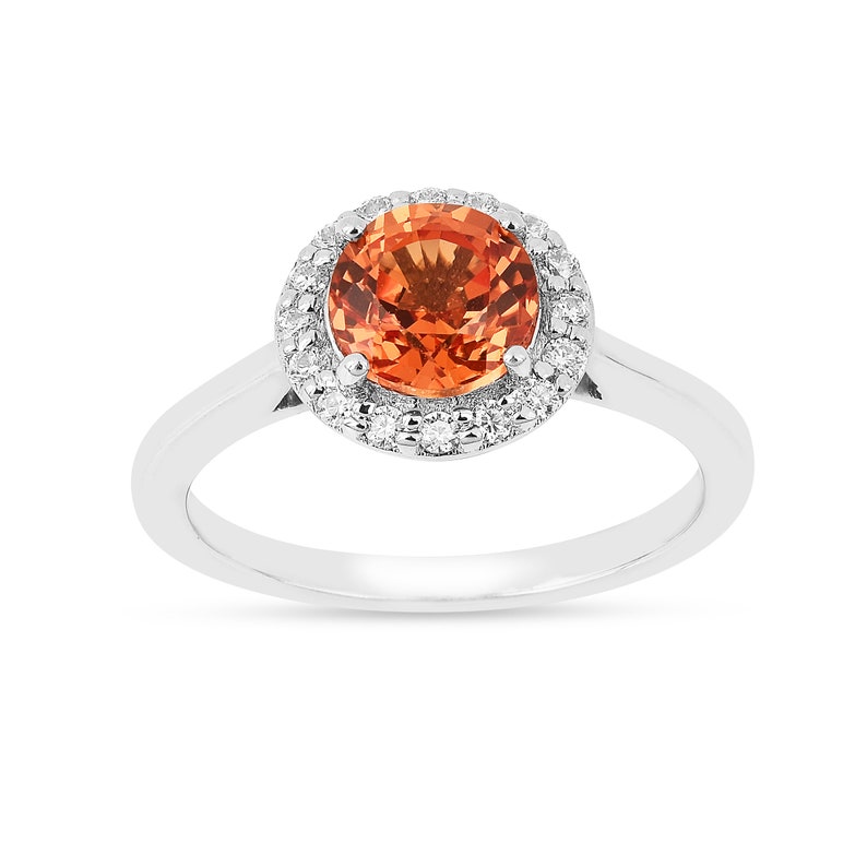 Bague en saphir Padparadscha pêche, bague en pierre précieuse vintage cultivée en laboratoire, cadeau de pierre de naissance pour elle, bague de fiançailles halo en argent sterling pour femme