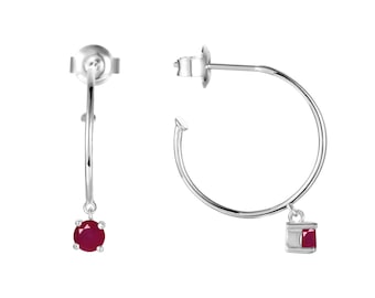 Genuine Ruby Dainty Round Hoop Earrings Red Ruby Hoop Earrings Gift for Her Rhodium Plated Silver Earrings Mothers Day Gift for Mom Grandma