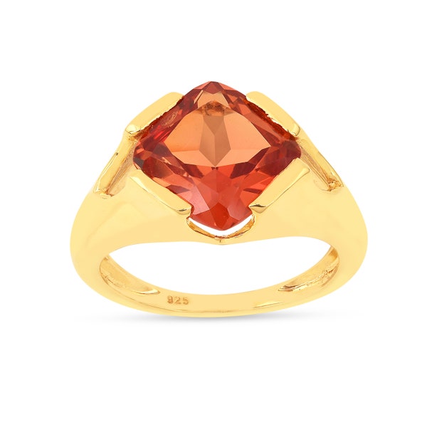 Peach Padparadscha Cushion Cut 14k Gold Over Silver Wedding Ring Pink Orange Gemstone Unisex Ring Peach Sapphire Solitaire Ring Gift For Her