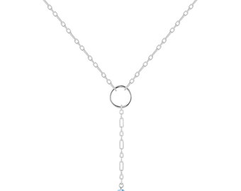 Natural Blue Topaz Y Pendant Necklace Dainty Chain Necklace Rhodium Plated Silver Necklace Bridesmaid Gift Minimalist Jewelry Gift for Mom