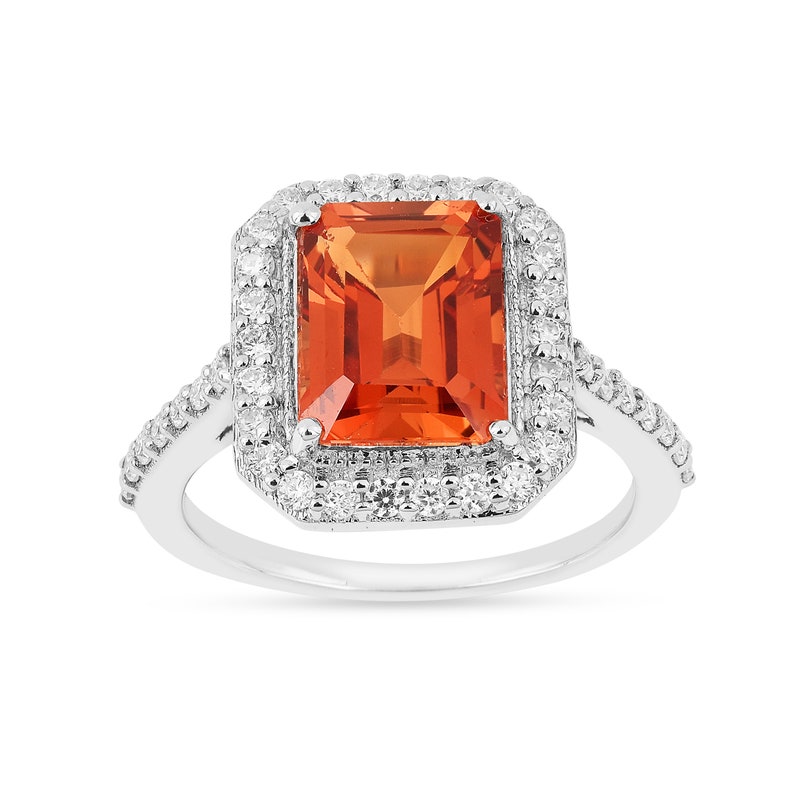Peach Padparadscha Sapphire Octagon Ring Lab Grown Halo Gemstone Sterling Silver Emerald Cut Pave Ring Anniversary Gift Mothers Day Gift