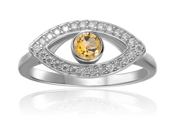 Natural Citrine Evil Eye Ring with Moissanite Accents