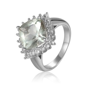 Green Gemstone Ring Green Amethyst Cushion Checkerboard Halo Ring for Women side view 925 Sterling Silver Ring