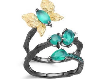 Artisan Green Agate Gold Plated Butterfly Ring