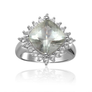 Green Gemstone Ring Green Amethyst Cushion Checkerboard Halo Ring for Women 925 Sterling Silver Ring