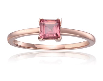 Genuine Pink Tourmaline Rose Gold Plated Ring Square Pink Solitaire Ring October Birthstone Ring For Women Affordable Jewelry Gift For Mom