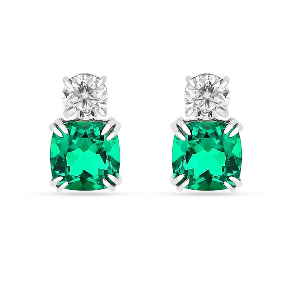 Colombian Created Emerald Earring Sterling Silver Green Emerald Studs Earrings Vintage Emerald Cushion Cut Earring Wedding Gift For Her