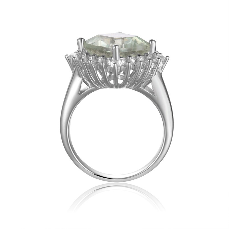 Green Gemstone Ring Green Amethyst Cushion Checkerboard Halo Ring for Women back view  925 Sterling Silver Ring