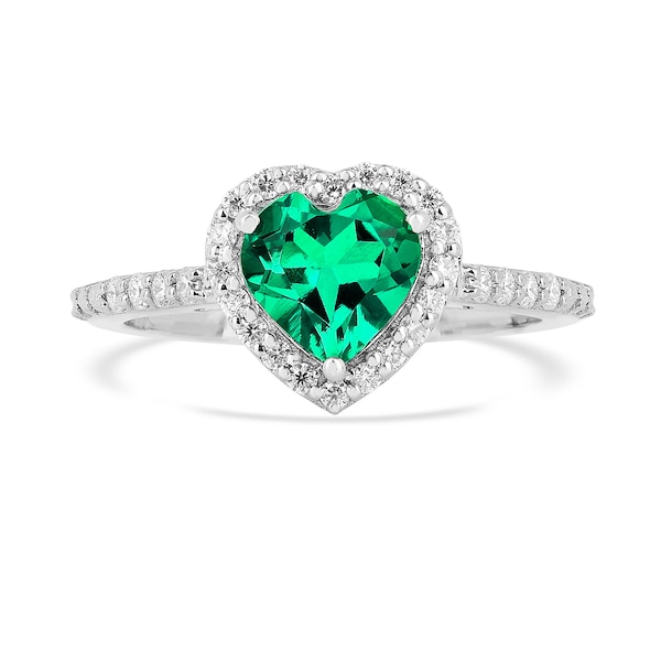 Green Colombian Created Emerald Engagement Ring 925 Sterling Silver Halo Heart Promise Ring Dainty May Birthstone Ring Heart Wedding Ring