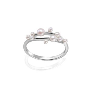 Natural Fresh Water Pearl Cluster Ring White Pearl June Birthday Ring Rhodium Plated Sterling Silver Pearl Statement Ring Mothers Day Gift