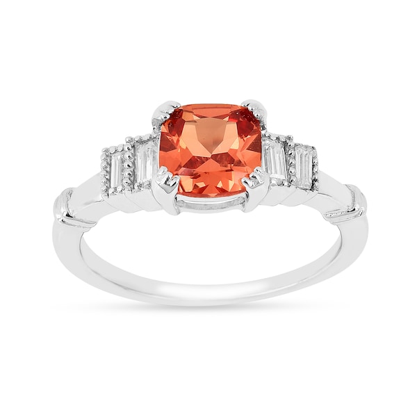 Bague tendance Padparadscha pêche, cultivée en laboratoire, bague de fiançailles Art déco, saphir taille coussin, bague cinq pierres, cadeau pour elle