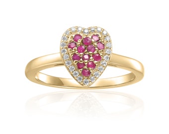 Bague coeur en grappe, bague cocktail coeur rubis naturel en argent plaqué or, rubis rouge, bague coeur, cadeau convivial pour le portefeuille pour maman, grand-mère