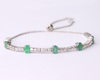 Genuine Green Emerald Bracelet Silver Dainty Emerald Tennis Bracelet May Birthstone Bracelet Emerald Bracelet Mothers Day Gift for Women