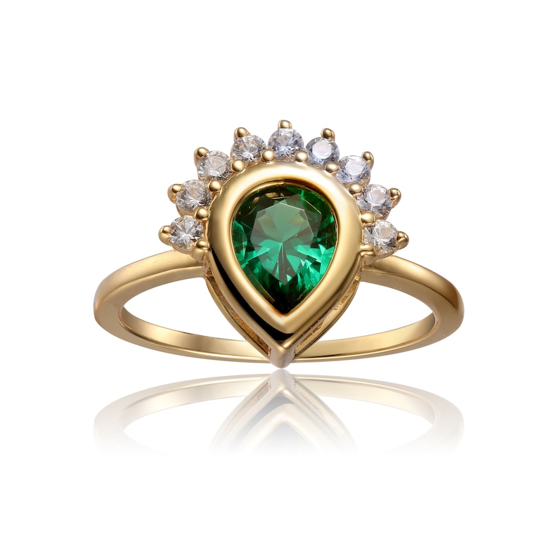 Created Emerald Tear Drop Ring with White Sapphire Sides Mother/'s Day Gift for Her Yellow Gold Plated 925 Sterling Silver Ring