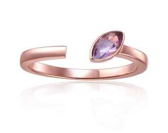 Open C Ring Genuine Amethyst Ring 18K Gold Plated February Birthstone Ring Marquise Amethyst Open Ring Purple Amethyst Ring Gift for Mom