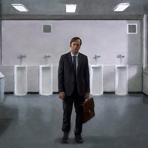 Schilderijillustratie van Bob Odenkirk die Saul Goodman speelt in de Breaking Bad spin-off televisieserie Better Call Saul