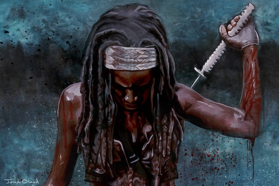 The Walking Dead Print Illustration Of Michonne With Bloody Samurai Sword After Fighting A Zombie In the Post Apocalypse