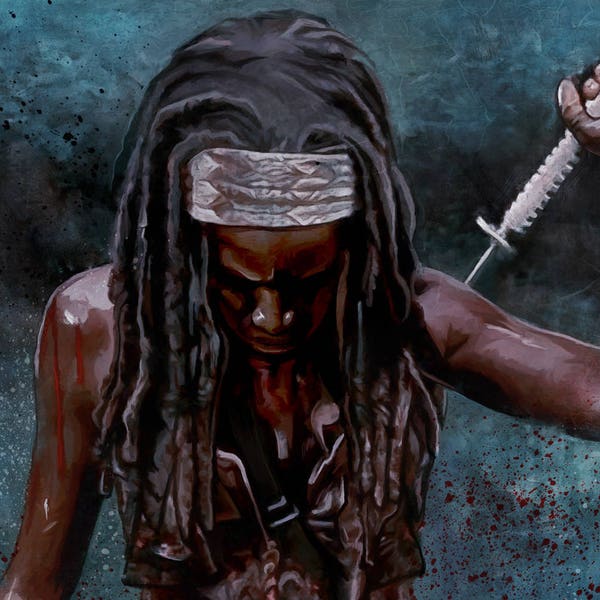 The Walking Dead Print Illustration Of Michonne With Bloody Samurai Sword After Fighting A Zombie In the Post Apocalypse