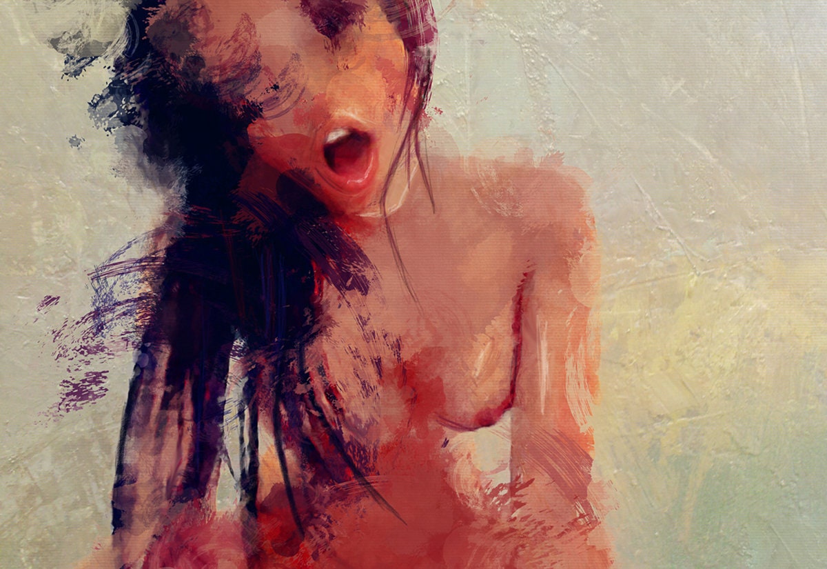 Painted Illustration of Nude Woman in Erotic Sexual Pose