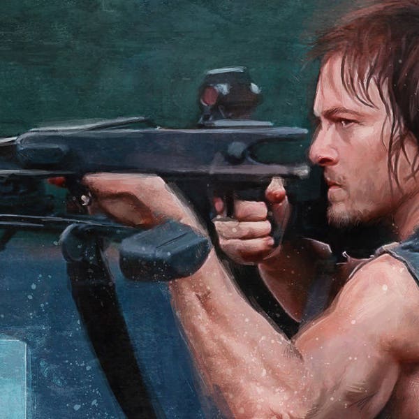 The Walking Dead Print Illustration Of Daryl Dixon With Crossbow Hunting Zombies