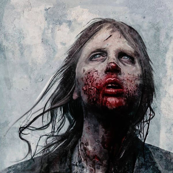 The Walking Dead Print Illustration Of A Zombie Covered In Blood In The Post Apocalypse