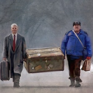Ilustración de pintura de John Candy y Steve Martin en la película clásica navideña de Acción de Gracias Trenes y automóviles de Plains