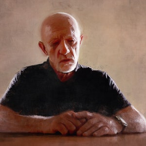 Schilderijillustratie van Mike Ehrmantraut uit Breaking Bad spin-off televisieshow Better Call Saul