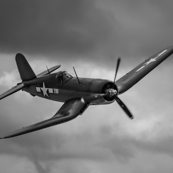 F4U Corsair in flight black and white